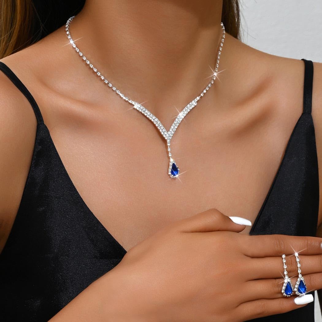 Unicra Bridal Wedding Jewelry Set Silver Rhinestone Necklace Earrings Sets Formal Costume Jewelry for Women and Brides (A-Blue)