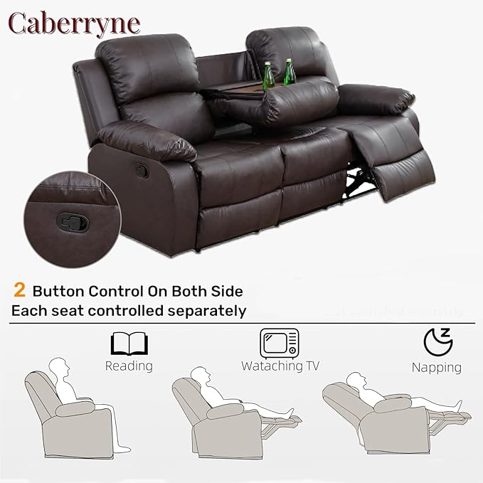 Caberryne Leather Recliner Sofa，Reclining Sofa for Living Room Furniture Sets，Light Brown Wall Hugger Recliner Couch with Cupholder for Living Room/Office/Theater Seating(3 Seater Sofa)