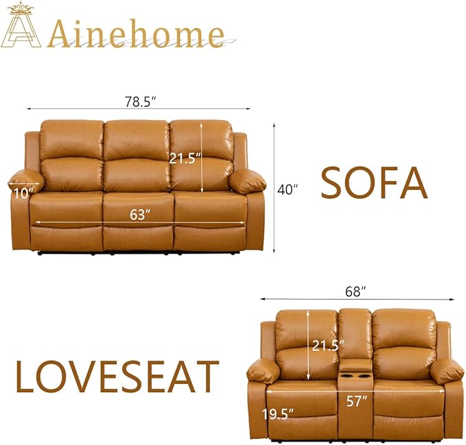 A Ainehome Recliner Sofa Set Living Room Manual Reclining Sofa Bonded Leather Loveseat Chair Sectional Couch for Living Room/Home (A-Ginger Leather, Sofa+Loveseat)