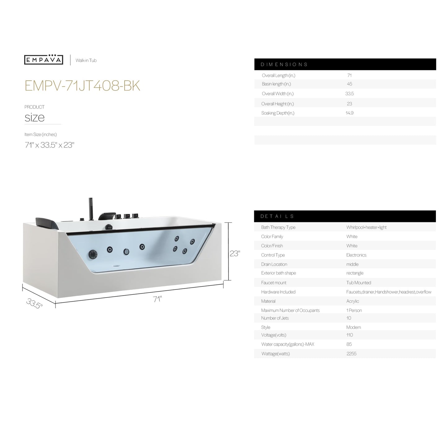 Empava Acrylic Whirlpool Bathtub, 71-Inch Jetted Bathtub with Heater, 10 Jets Hydromassage with Chromatherapy, 3-Side Apron with LED Control Panel, Waterfall, Black Hardware and Nozzles