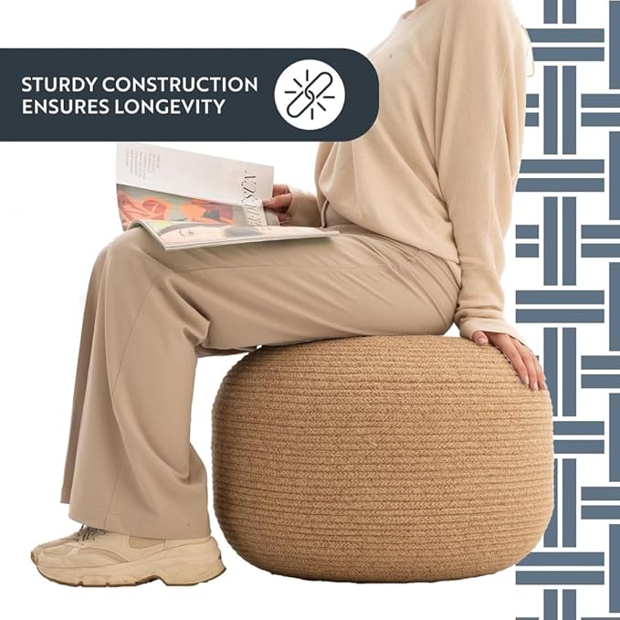 Dekorist Round Ottoman Pouf Footstool Jute Pouffe Stool Seat Cushion Boho Home Decor Extra Seating Pouffe for Living Room, Bedroom, Indoor, 21x21x12 inch, Natural