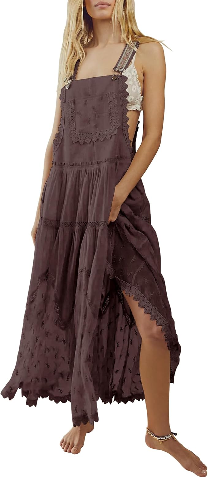 Gacaky Summer Dress for Women Casual Floral Embroidered Bohemian Dress Adjustable Straps Bib Maxi Flowy Dresses with Pockets
