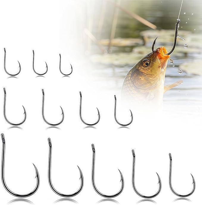 300 PCS Fishing Hooks with Holes, 10 Sizes (3# to 12#) Carbon Steel Sharp Fish Hooks for Freshwater Saltwater Fishing, Ass...