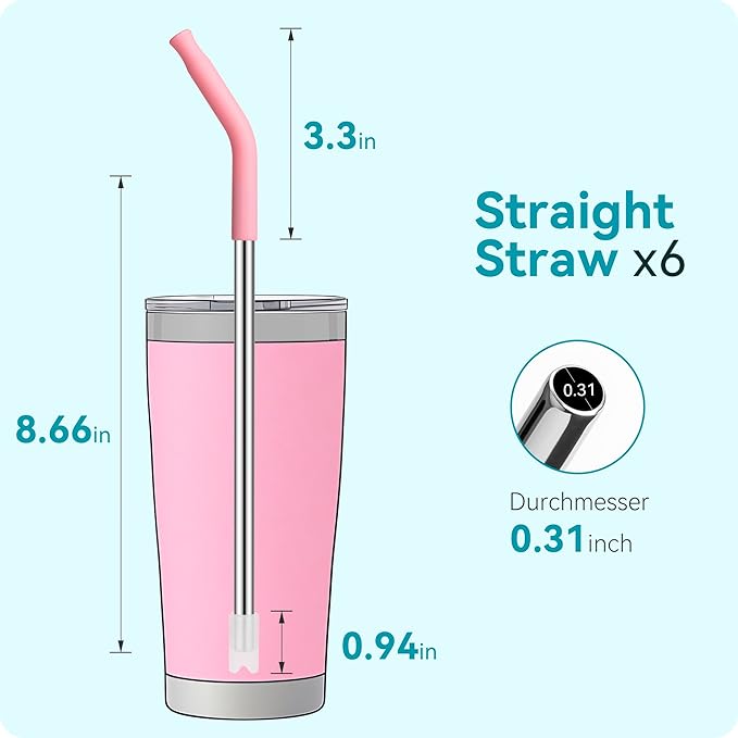 20 oz Straight Metal Straws with Silicone Tip for 20 oz Tumbler, 6 Pcs Stainless Steel Reusable Drinking Metal Straw for YETI, STANLEY, US Acrylio, BJPKPK, Simple Modern and so on
