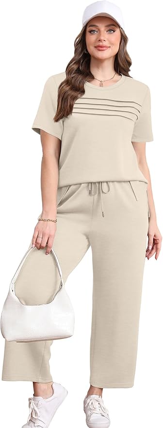 WIHOLL Two Piece Sets for Women Summer Travel Vacation Outfits Short Sleeve Lounge Sets Side Slit Wide Leg Pants S-3XL