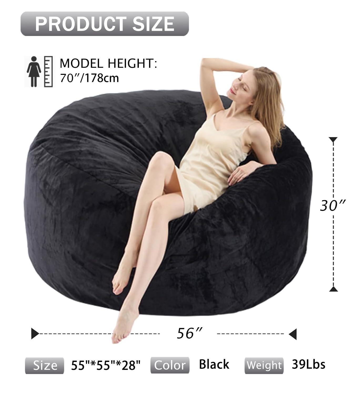Demacai Bean Bag Chair - Bean Bag Chairs for Adults with Memory Foam Filler Included, Removable and Washable Flannel Cover Beanbag Chair - Black(5FT-55"x55"x28")