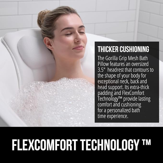 GORILLA GRIP Bath Pillow for Tub with Powerful Suction Cups, Headrest Pillows for Neck and Back Support, Machine Wash, Bathtub and Hot Tub Accessories, Relaxing Spa Gift Essentials for Women, White