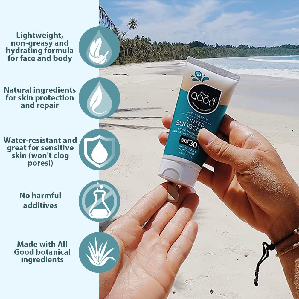 All Good Tinted Mineral Sport Sunscreen Lotion for Face & Body - UVA/UVB Broad Spectrum, SPF 30, Coral Reef Friendly, Water Resi