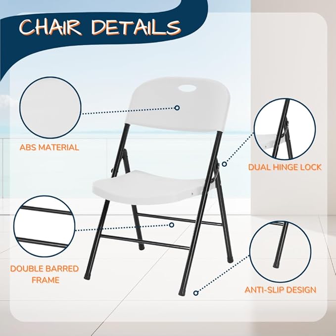 EZONE (4pcs Heavy Duty Plastic Foldable Chair for Adults, Portable Outdoor Seating for Wedding, Event, Party, Backyard, Patio, or Dining Use, Comfortable Stackable Design (White, 4 Pack)