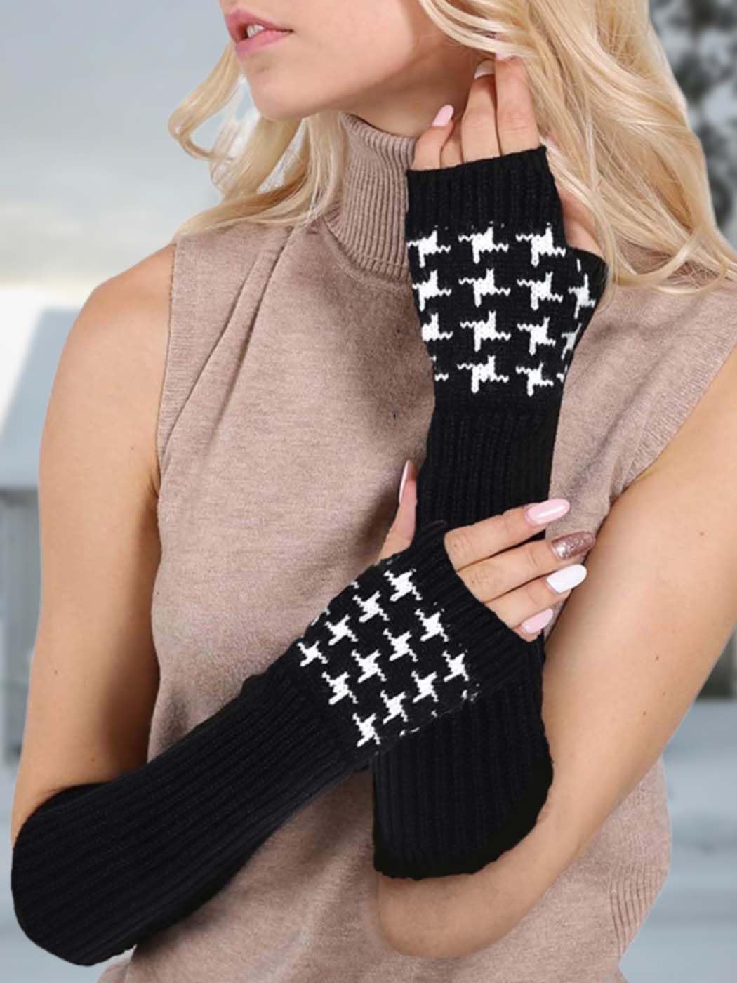Urieo Long Arm Warmers Winter Fingerless Gloves Knit Mitten with Thumb Hole for Women（Pack of 2）