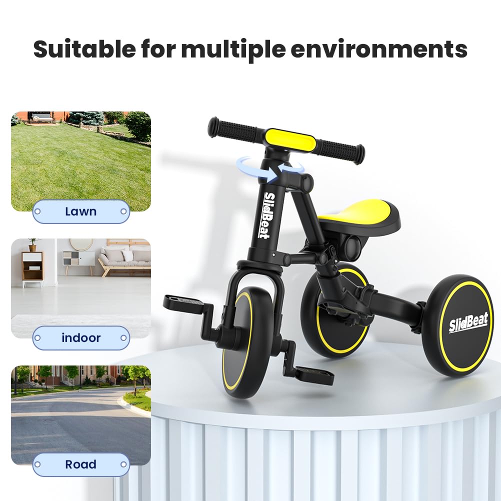 SLIDBEAT 4 in 1 Toddler Tricycle for Age 2-4 Years Old Kids, Big Wheel Adjustable Seat Balance Bike with Removable Pedal for Boys Girls Birthday