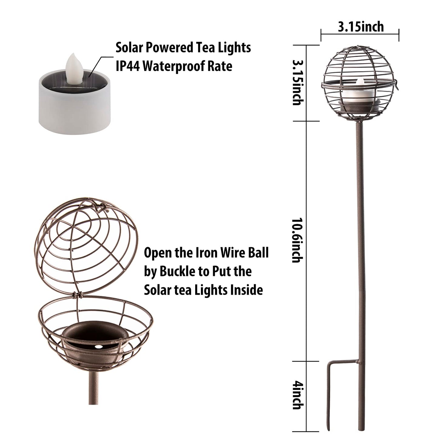Solar Pathway Lights Outdoor, Rust Iron Ball Candle Holder Stake with Flickering Solar Powered Tea Lights, Perfect Decorative Garden Lighting for Yard Lawn Patio Landscape Decor Outside-4Pack