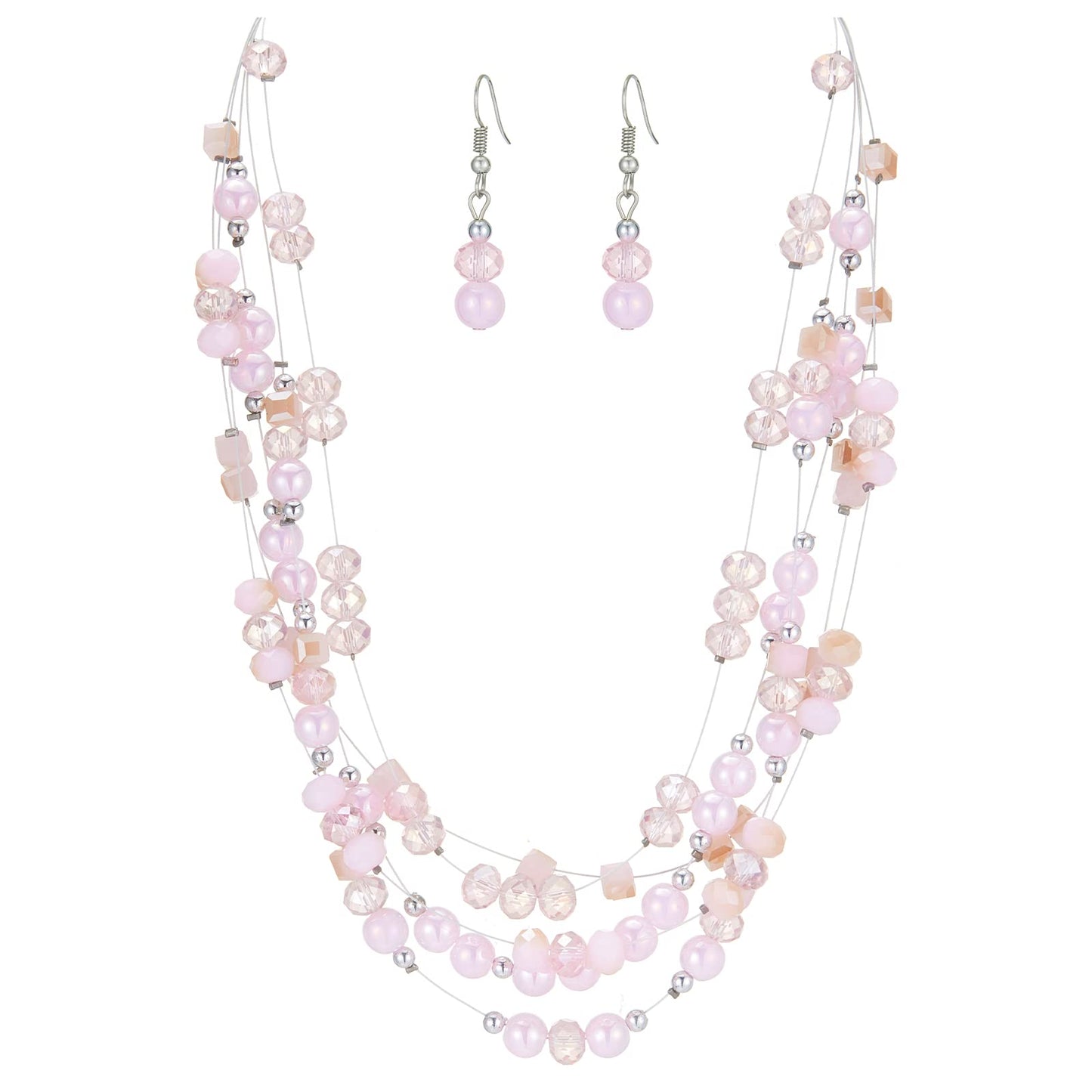 Layered Chunky Statement Necklace for Women Colorful Boho Beaded Necklaces and Earring Set Fashion Costume Jewelry for Women(Pin