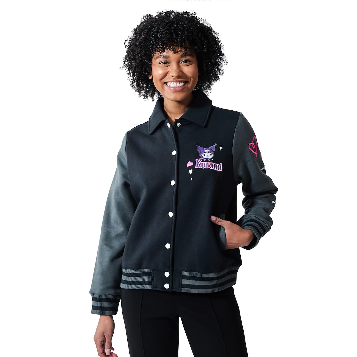Bioworld Kuromi Women's Long Sleeve Varsity Jacket-Small