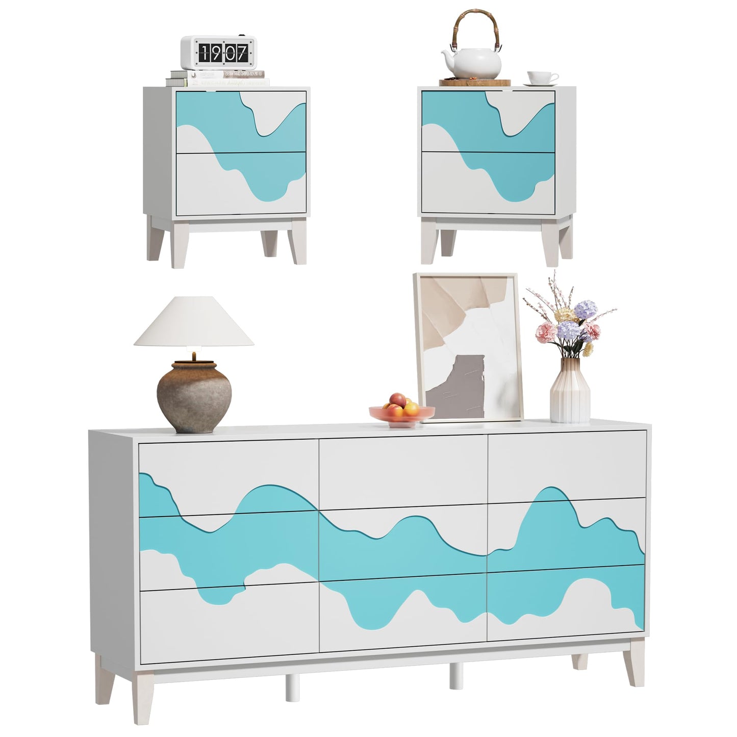 UEV 9-Drawer Dresser & 2 Nightstands Set - 3 Piece Modern Bedroom Furniture Set, 63" Wide Wooden Chest of Drawers with Flowing Water Pattern,2-Drawer Night Stands for Bedroom (White/Blue