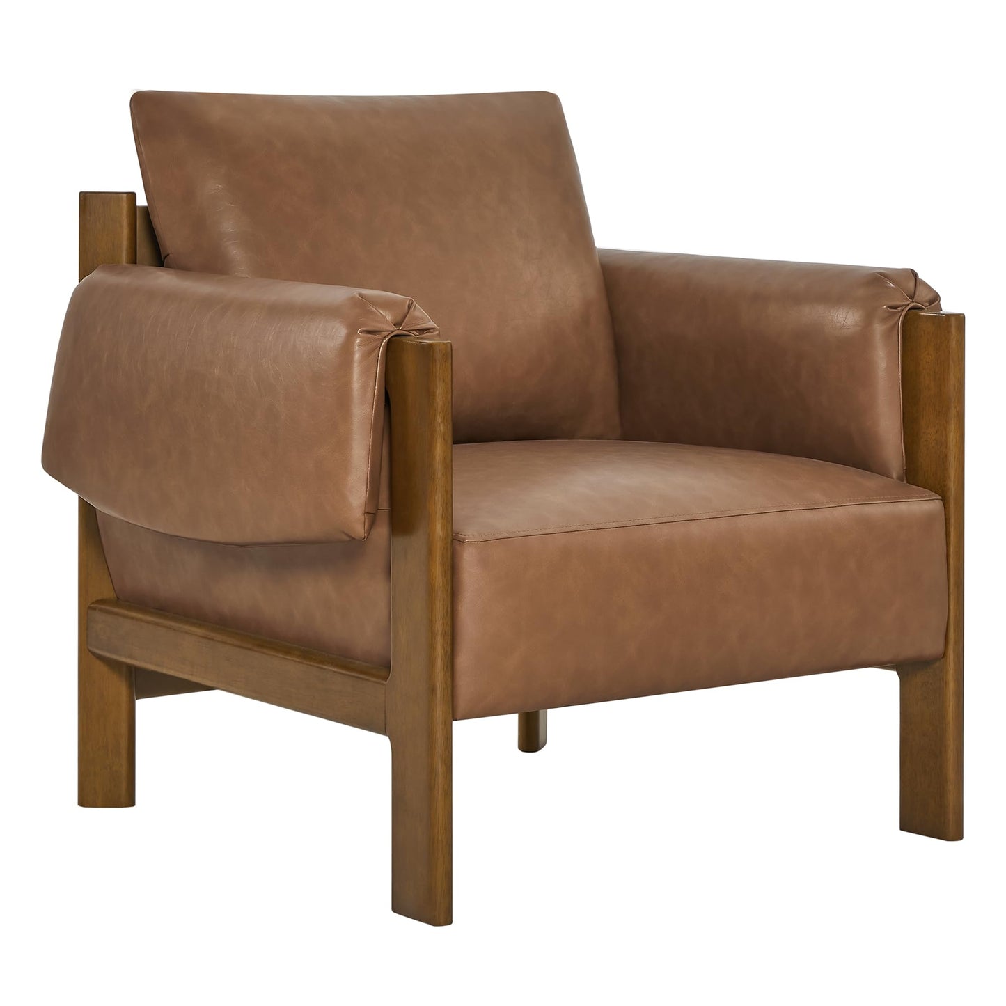 CHITA Accent Chair, Mid Century Modern Upholstery Armchair for Living Room, Solid Wood Frame, Faux Leather in Saddle Brown