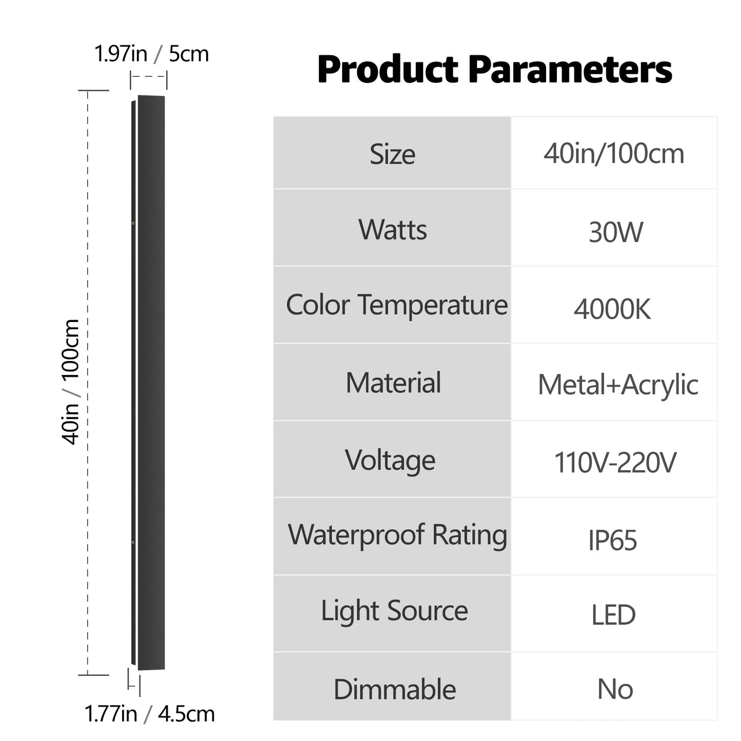 lundwa 40inch Long Outdoor LED Wall Light 4000K Natural Light 30W Black Porch Light Acrylic Waterproof IP65 Exterior Wall Light Fixture for House Patio Porch Courtyard