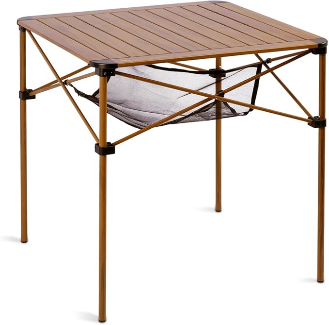 iClimb Lightweight Stable Alu. Folding Square Table Roll Up Top with Carry Bag for Camping Picnic Backyards BBQ Camp Kitchen (Nature, L)