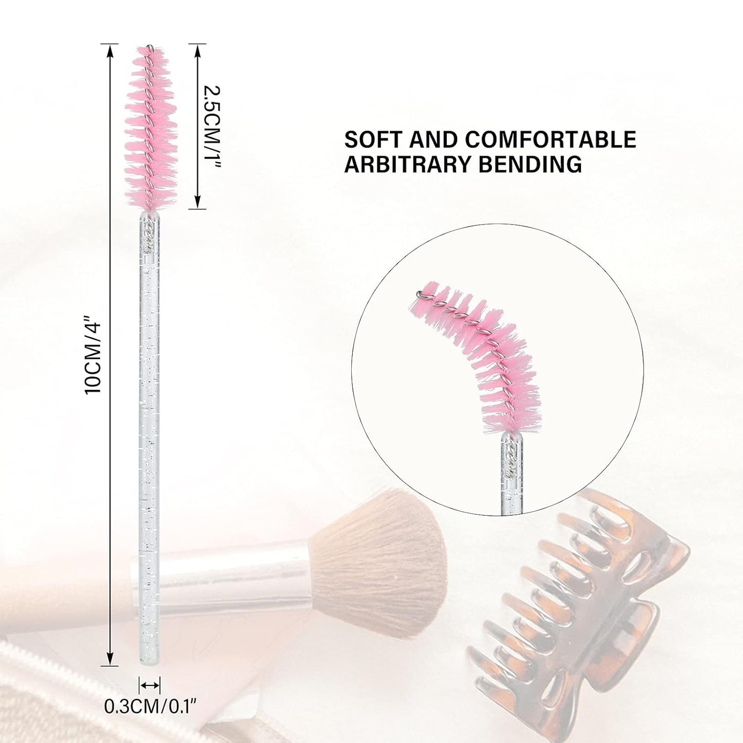 G2PLUS 100PCS Disposable Mascara Brushes, Crystal Lash Brush Makeup Kit, Adjustable Eyelash Spoolies for Eyelash Extensions, Eyebrow and Makeup (White + Pink)
