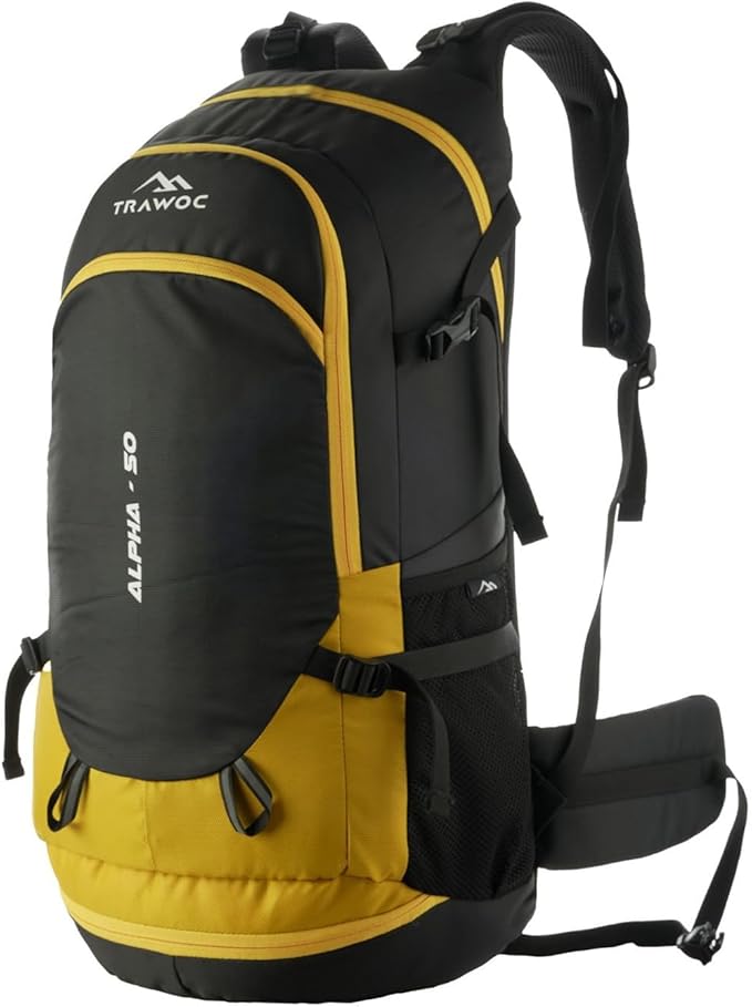 TRAWOC ALPHA 50 Litre Travel Backpack Water Resistant Daypack Bag for Cycling Trekking Hiking Camping for Men & Women, Yellow