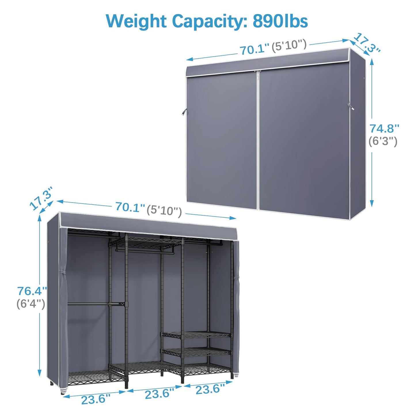 VIPEK V5C Portable Clothes Closet Wardrobe Bedroom Armoires Heavy Duty Covered Clothes Rack, Black Metal Clothing Rack with Grey Oxford Fabric Cover, Adjustable Custom Closet Rack 70.1"Lx17.3"Wx76.4"H