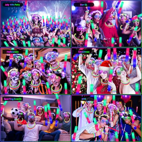 HONLYNE 142 PCS Glow in the Dark Party Supplies, 14PCS Foam Glow Sticks, 14PCS Light Up Headband,14PCS LED Glasses and 100...