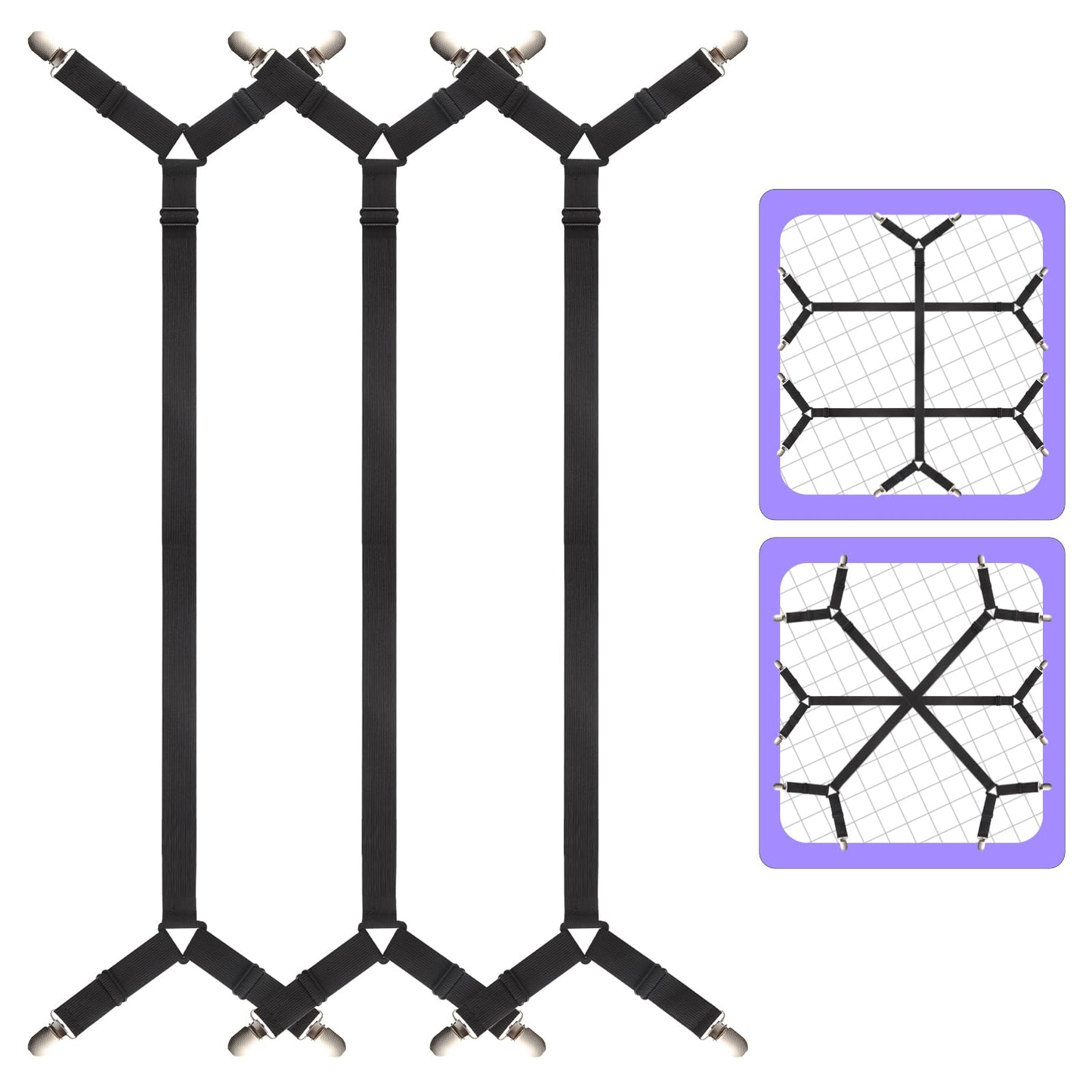 Luyena Bed Sheet Straps,3 PCS Secure and Sheet Holder Straps for Full Size Beds,Adjustable Crisscross Fitted Sheet Clips,Black
