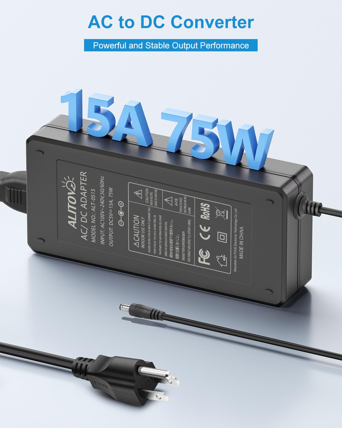 ALITOVE 5V 15A AC to DC Power Supply Adapter Transformer Converter 5.5x2.5mm Plug 100V-240V AC Input for WS2811 2801 WS2812B LED Strip Pixel Light