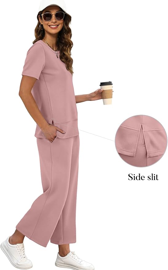 XIEERDUO Women's Side Slit Lounge Sets 2026 Fashion 2 Piece Travel Outfits Cozy Loungewear Wide Leg Tracksuits S-3XL
