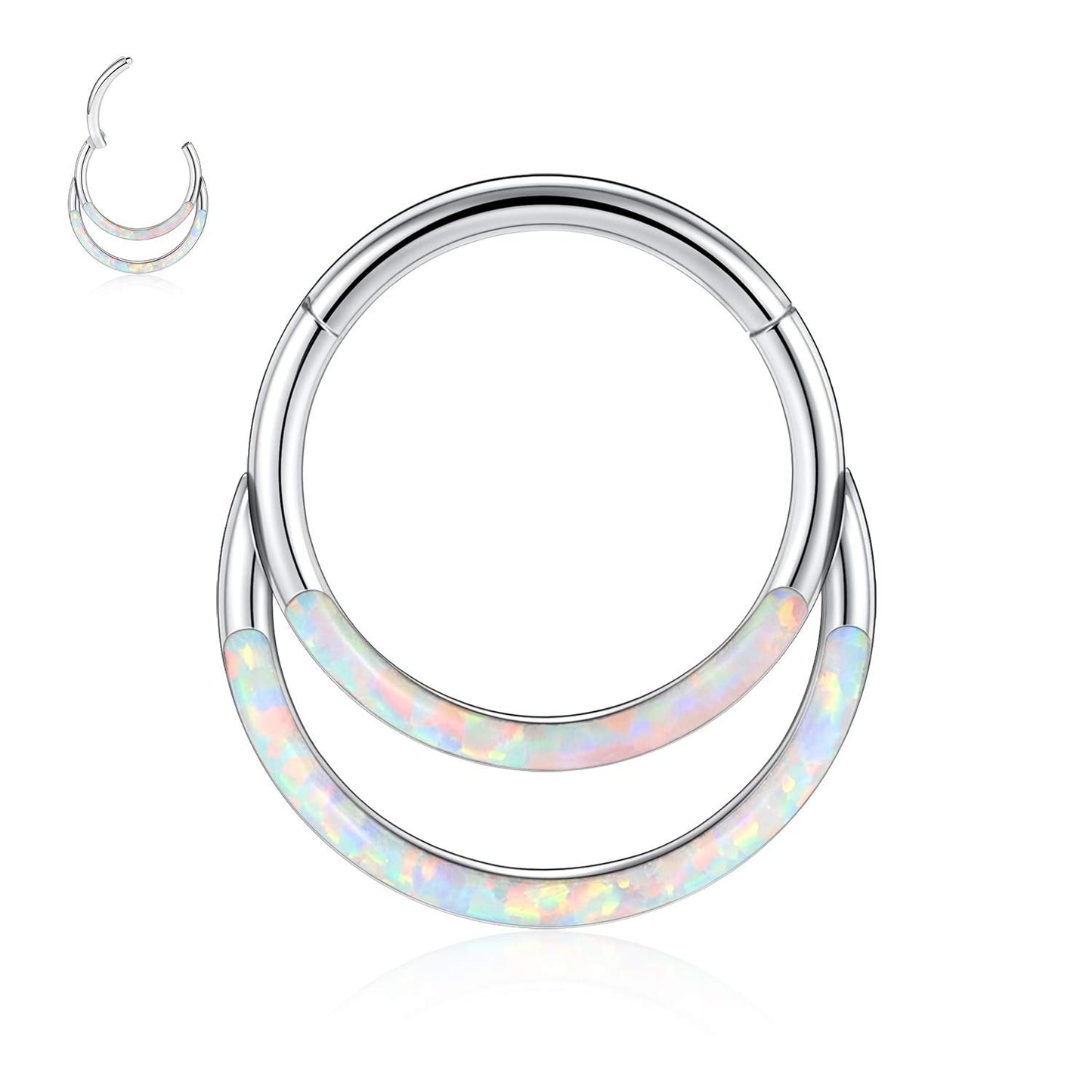 PEAKLINK 316L Surgical Steel Segment Clicker Daith Ring Double Layer Septum Piercing Jewelry 16G White Opal 8mm Helix Cartilage