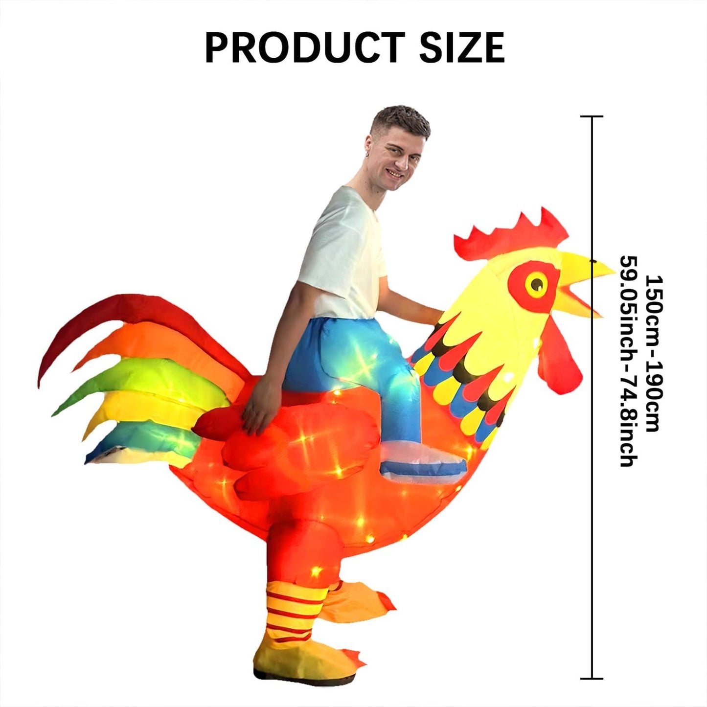 KINQUINN Inflatable Chicken Costume Adult with Lights, Funny Halloween Costume Ride on Rooster Costume for Party Christmas