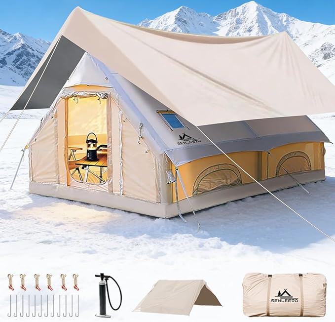Inflatable Camping Tents 8-10 Person,129 Square Feets Large Inflatable Camping Tent with Stove Jack,Blow up Tent with Mesh...