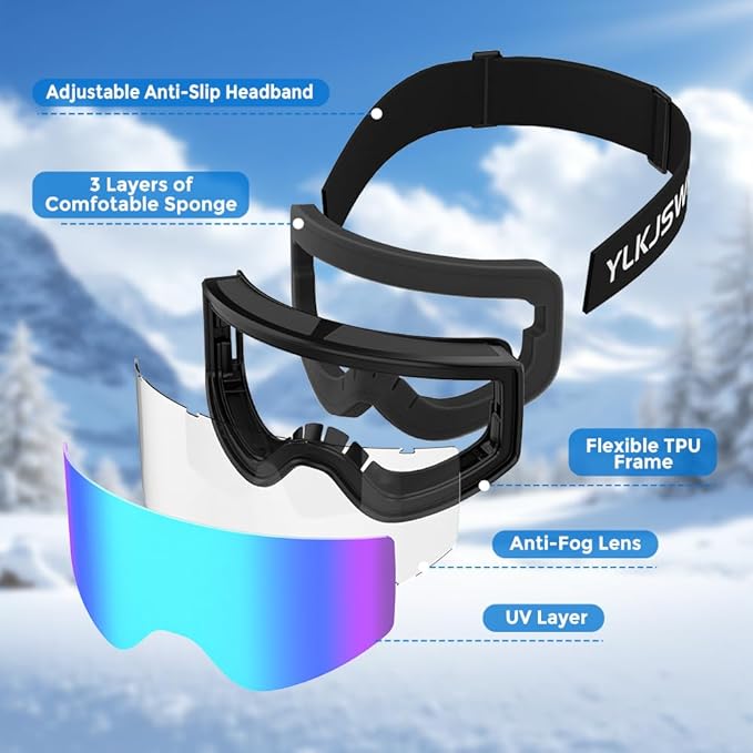 Ski Goggles for Men Women, OTG Snow Goggles, UV Protection Snowboard Goggles for Adult & Youth, Snowmobile, Sledding