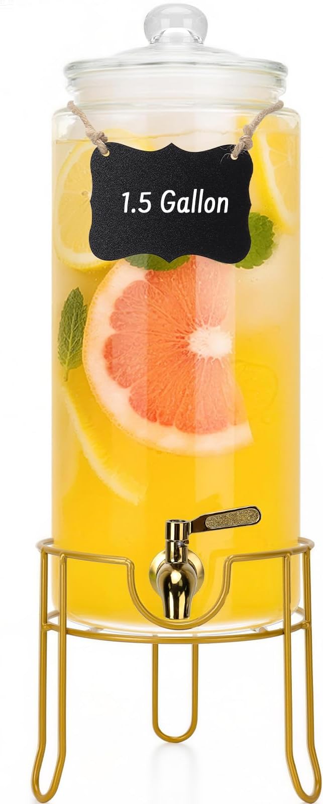 DHSBTLS 1.5 Gallon Glass Drink Dispensers, Round Beverage Dispenser for Party, BBQ and Picnic, Clear Airtight Juice Dispen...