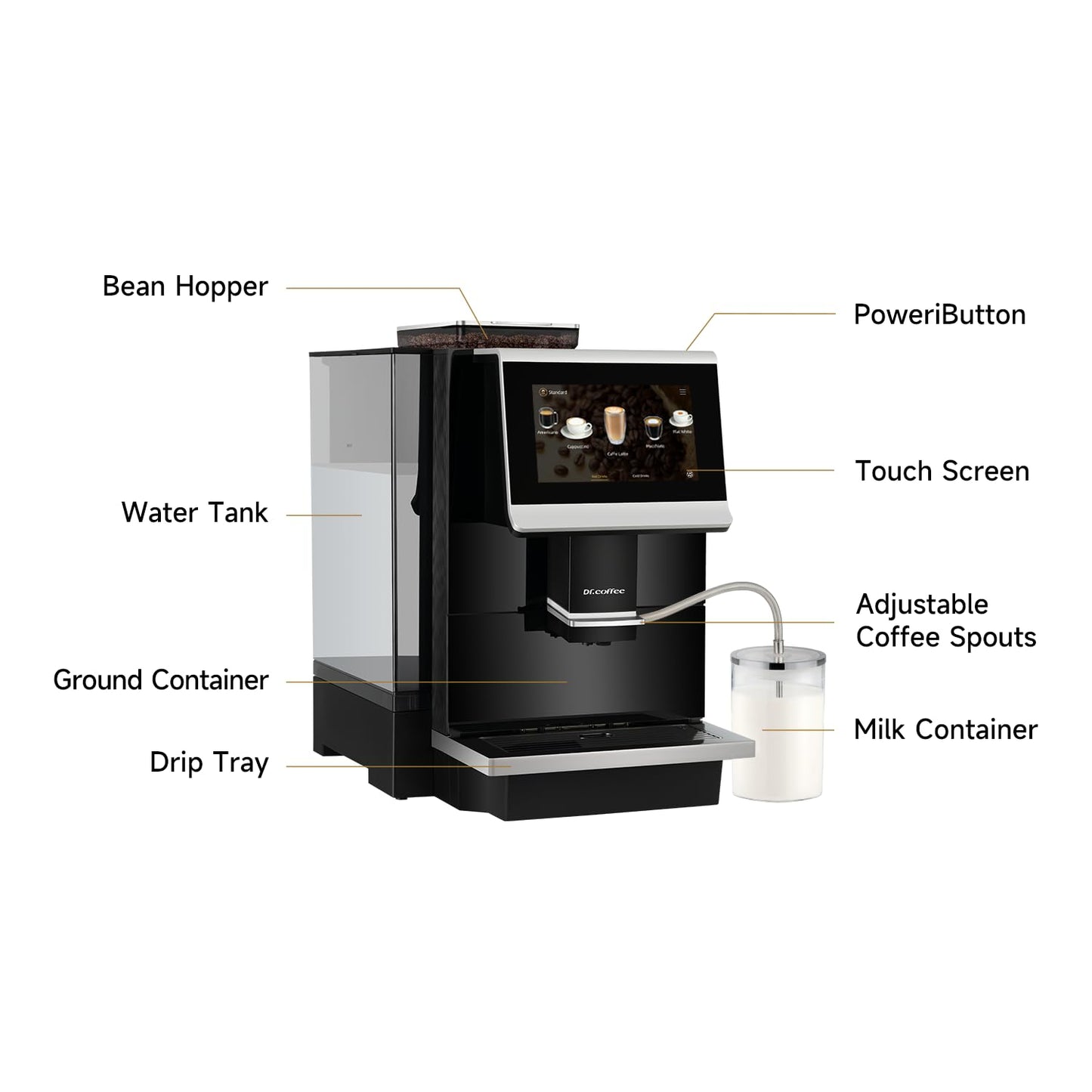 DR.COFFEE C12 Fully Automatic Coffee Machine, Espresso Machine With Ceramic Flat Burrs, 9 Grind Size Options, 7” HD Large Touchscreen, 4 Water Tank for Office Use