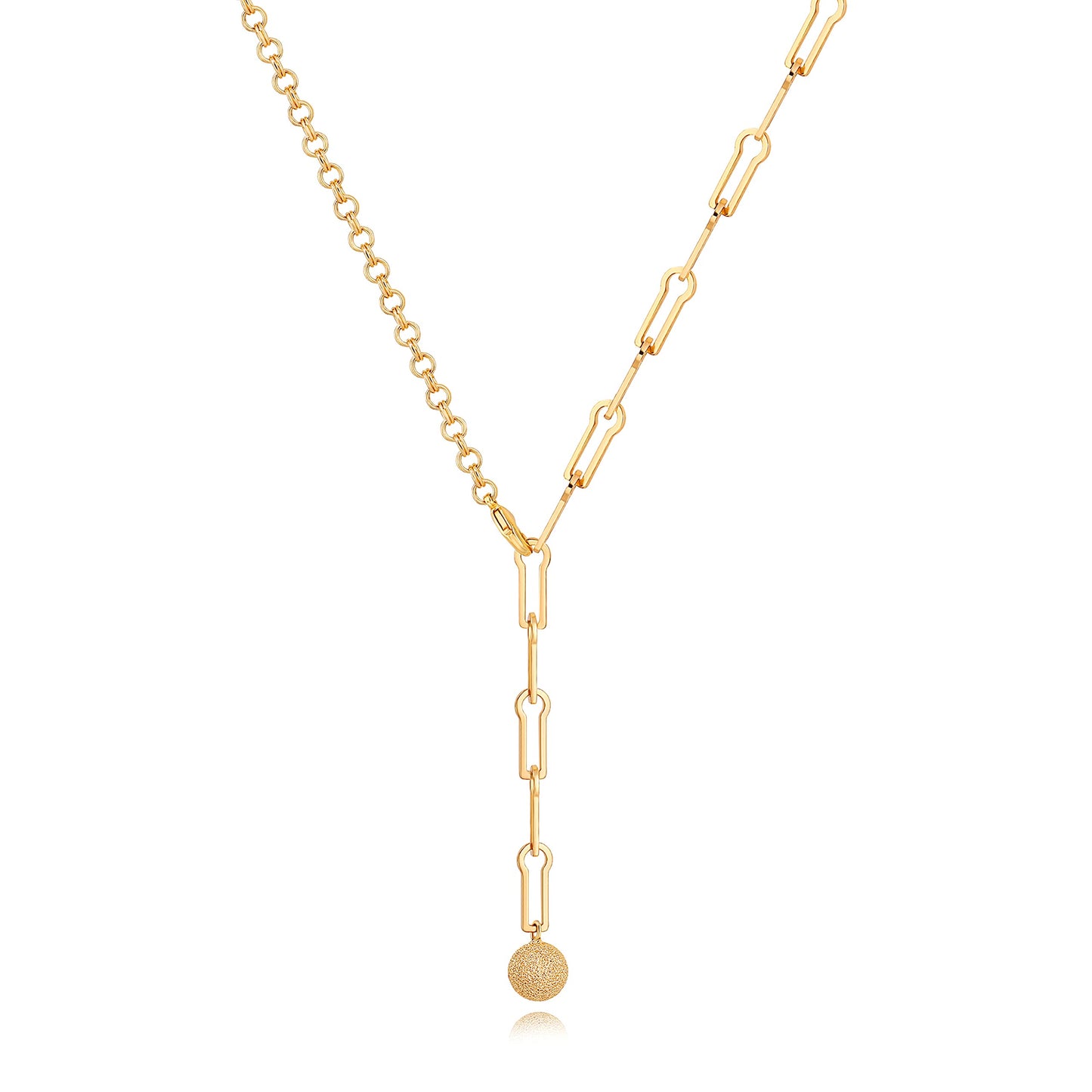 Aobei Pearl 18K Gold Paperclip Chain Link Y-Shaped Necklace Dainty Gold Matta Ball Pendant Necklace for Women Fashion Lariat Jew