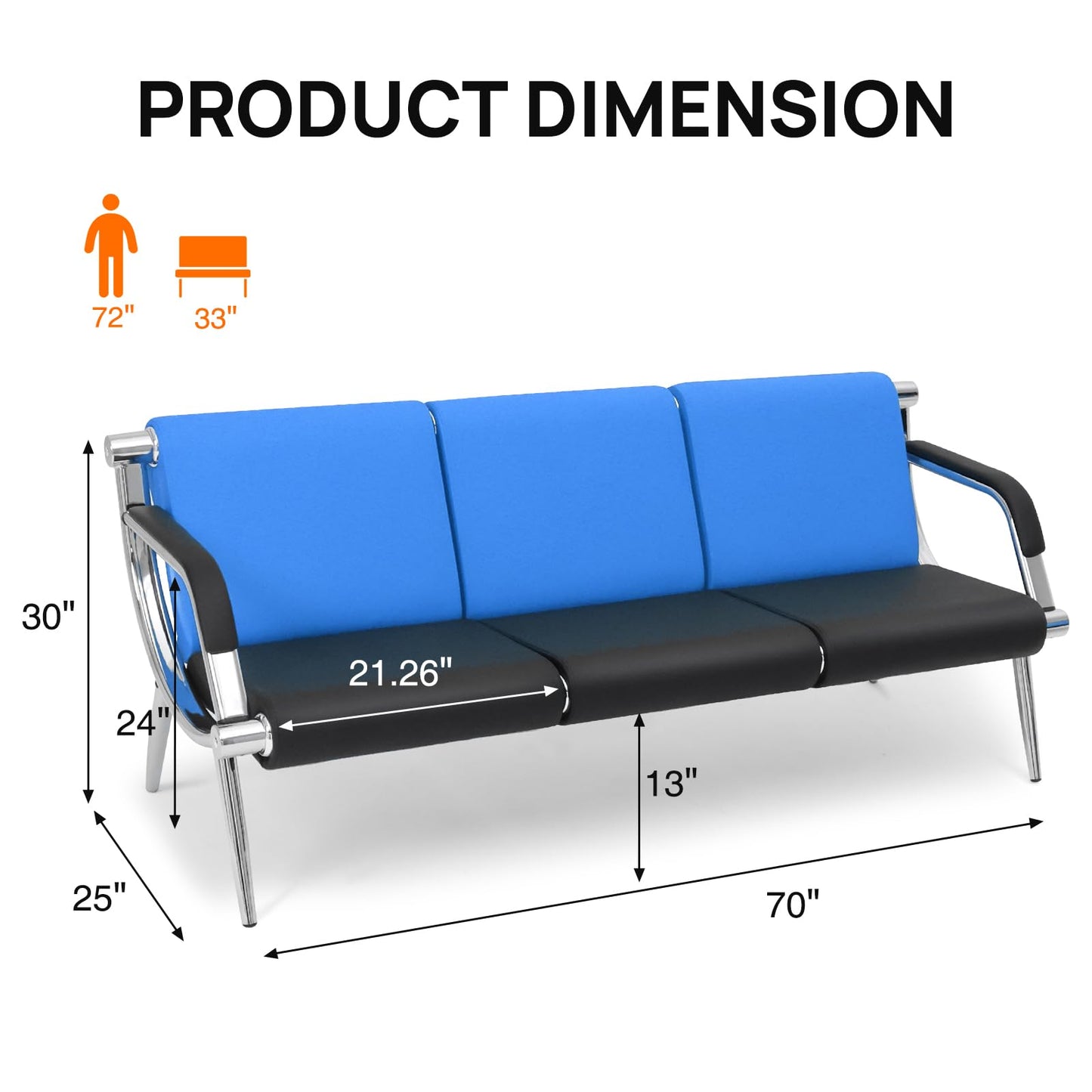 Walmokid Waiting Room Bench with Armrest, PU Leather Office Furniture, Lobby Conference Reception Bench, Office Guest Seating for Clinic,Airport,Hospital,Barber,Salon,Bank (Blue & Black, 3-Seat)