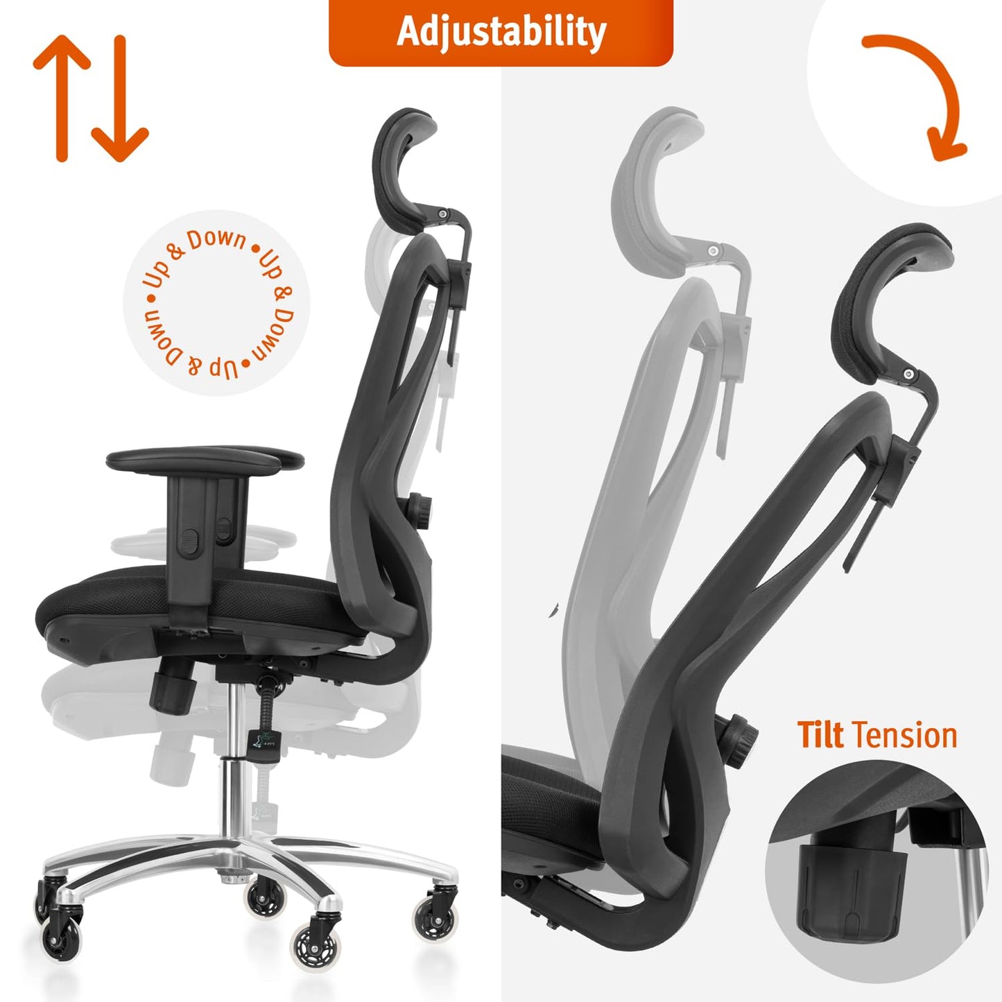 Duramont Ergonomic Office Chair with Rollerblade Wheels - High Back Breathable Mesh Desk Chair, 4D Lumbar Support, Memory Foam Seat, Adjustable Headrest and Armrests, Reclines, Black