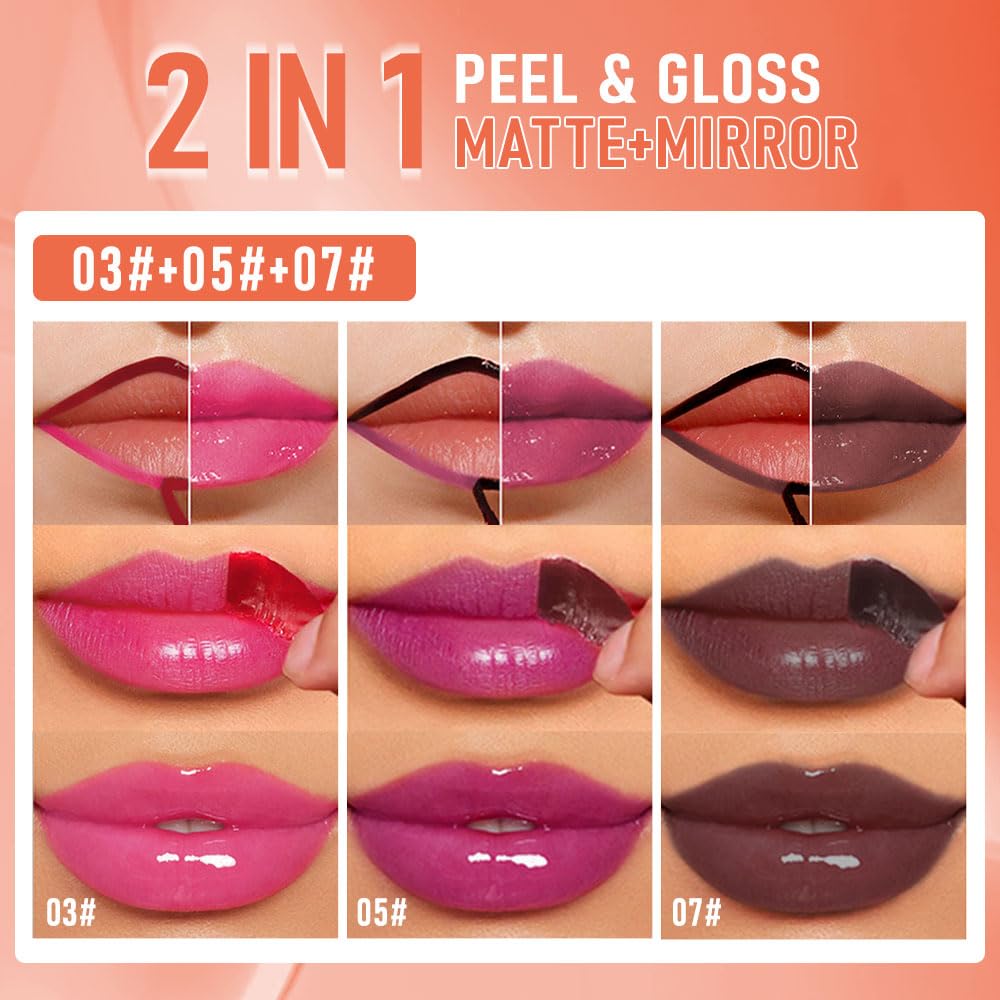3Pcs Peel Off Lip Gloss Tattoo and Lip Oil, Lip Stain Peel Off Masque - Peel Off Lip Tint ,Long Lasting Waterproof Transfer-proo