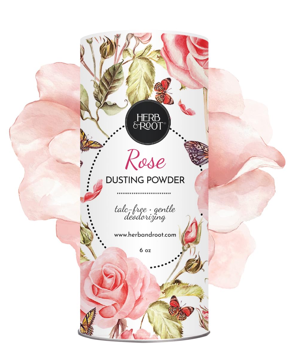 Herb & Root Rose Scented Talc-Free Dusting Powder for Women: Anti-Chafing Body Powder with Arrowroot and Oats, 6 oz