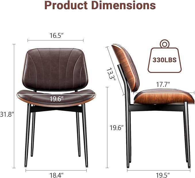 YaFiti Dining Chairs Set of 4, Dining Room and Kitchen Chairs, Mid Century Modern Accent Chair, Upholstered PU Leather Chairs for Vanity with Walnut Bentwood and Metal Legs, Brown