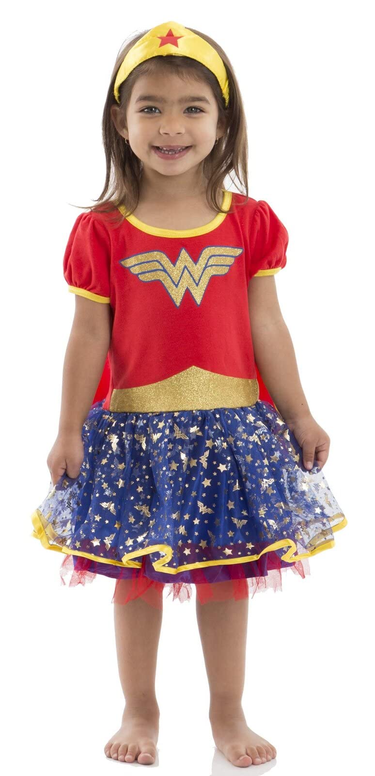 WARNER BROS Justice League Wonder Woman Toddler Girls Cosplay Tulle Costume Dress Cape and Headband 3 Piece Set 4T