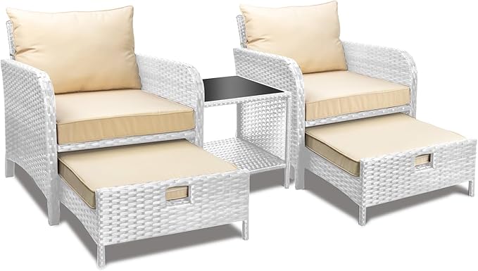 LEVELEVE Balcony Furniture 5 Piece Patio Conversation Set, PE Wicker Rattan Outdoor Lounge Chairs with Soft Cushions 2 Ottoman&Glass Table for Porch