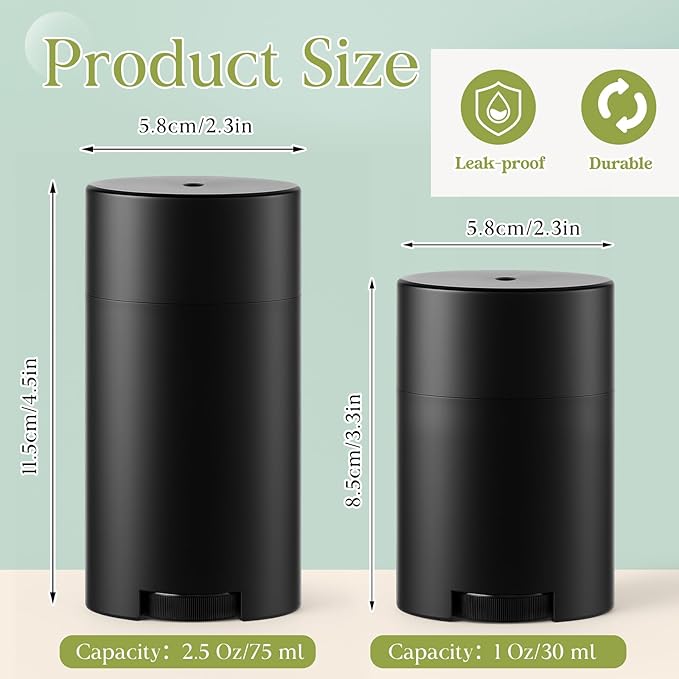 30 Pack 30ml/1oz Empty Deodorant Containers, Bottom Filling, Black Plastic Oval Refillable Deodorant Containers Twist up Oval Lip Balm Tube for DIY Deodorants Lipstick Crayon Lotion