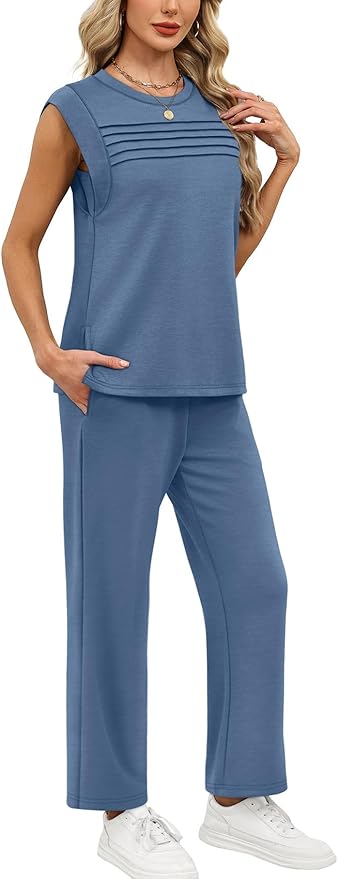 WIHOLL 2 Piece Sets for Women Summer Lounge Sets Travel Vacation Outfits Cap Sleeve Sweatsuit Side Slit Wide Leg Pants S-3XL