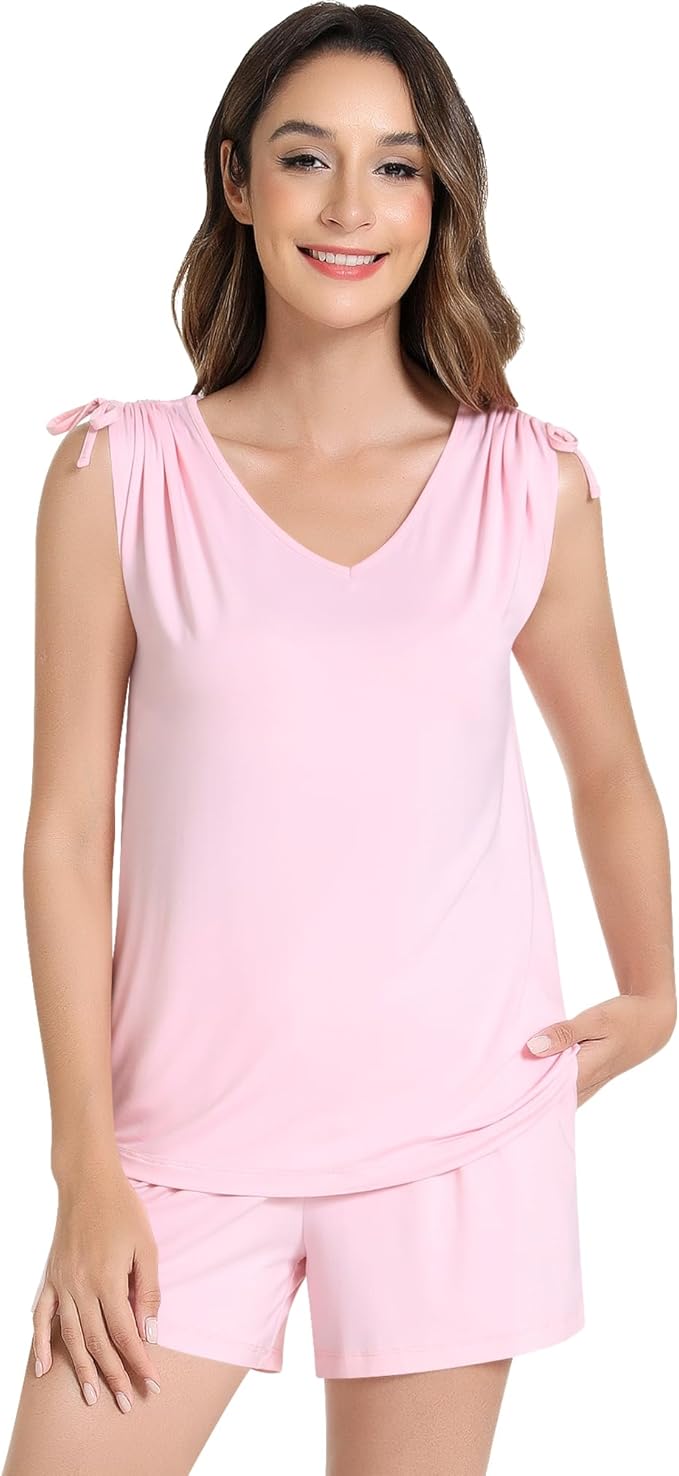 NACHILA Pajamas for Women-Viscose from Bamboo, Ribbed Racerback Tank Top Sexy Split Shorts Pajama Sets Cooling Sleep Cami Pjs