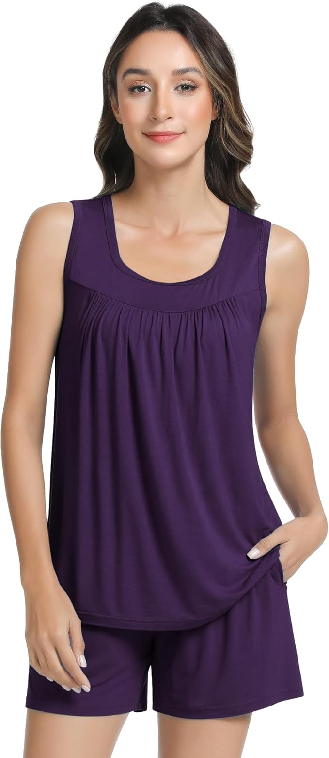 NACHILA Pajamas for Women-Viscose from Bamboo, Ribbed Racerback Tank Top Sexy Split Shorts Pajama Sets Cooling Sleep Cami Pjs