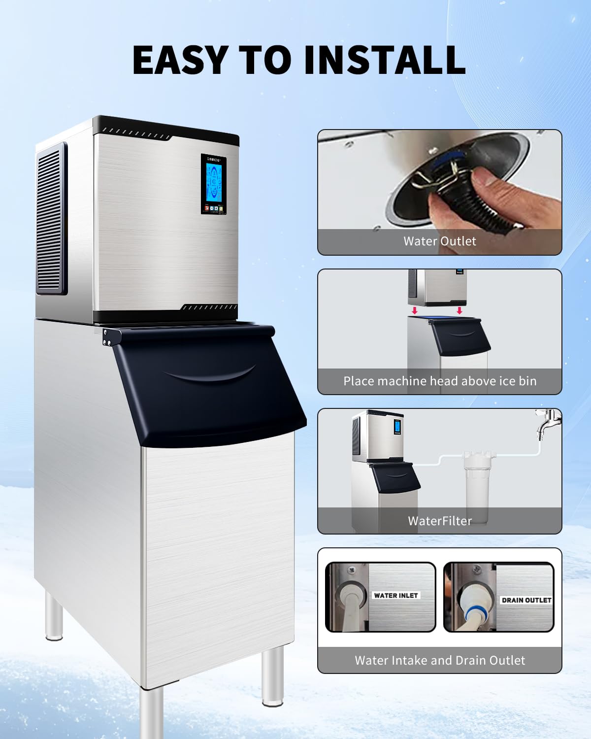 Commercial Ice Maker Machine Head Only, 500lbs/24H ETL Commercial Ice Maker with Self-Cleaning, DOE&CEC Energy-efficient,48 Hours Timer, Stainless Steel Ice Maker for Restaurant Bar Cafe Hotel
