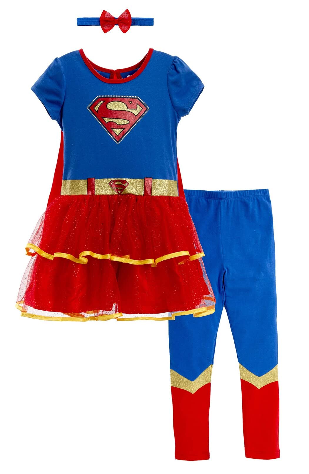 WARNER BROS Justice League Supergirl Toddler Girls Costume Dress Leggings Cape and Headband 4 Piece Set 3T