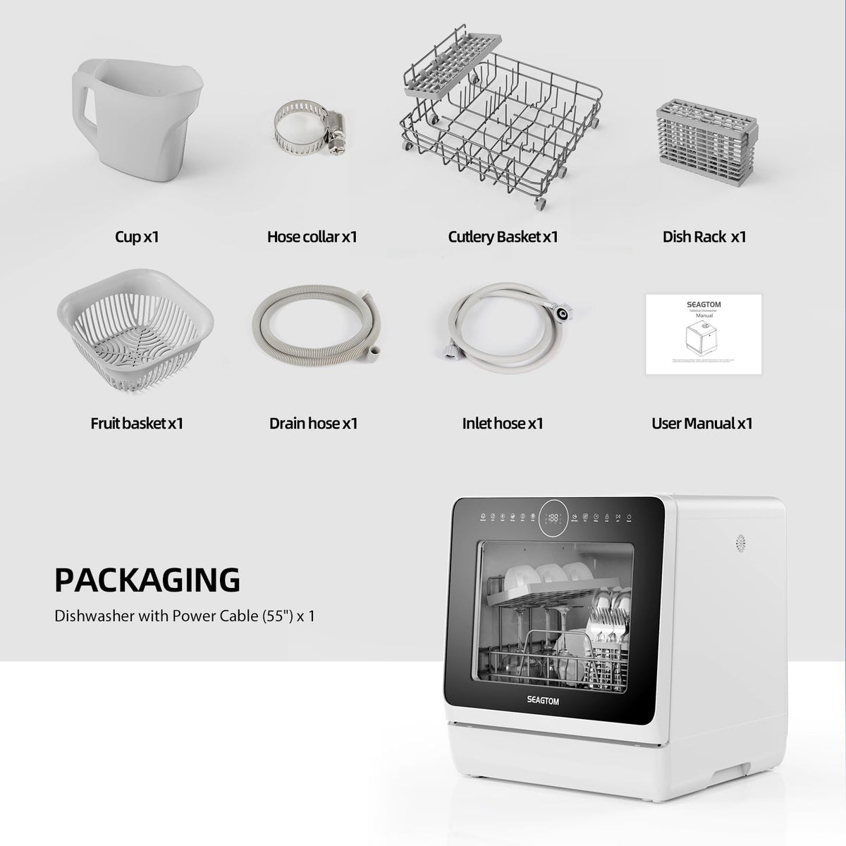 SEAGTOM Countertop Mini Portable Dishwasher Tabletop Small Dishwasher with 5L Built-in Water Tank No HookupNeeded, Baby Care & Air-Drying Function，3 Place Set Capacity for Apartments Dorms Camping RVs